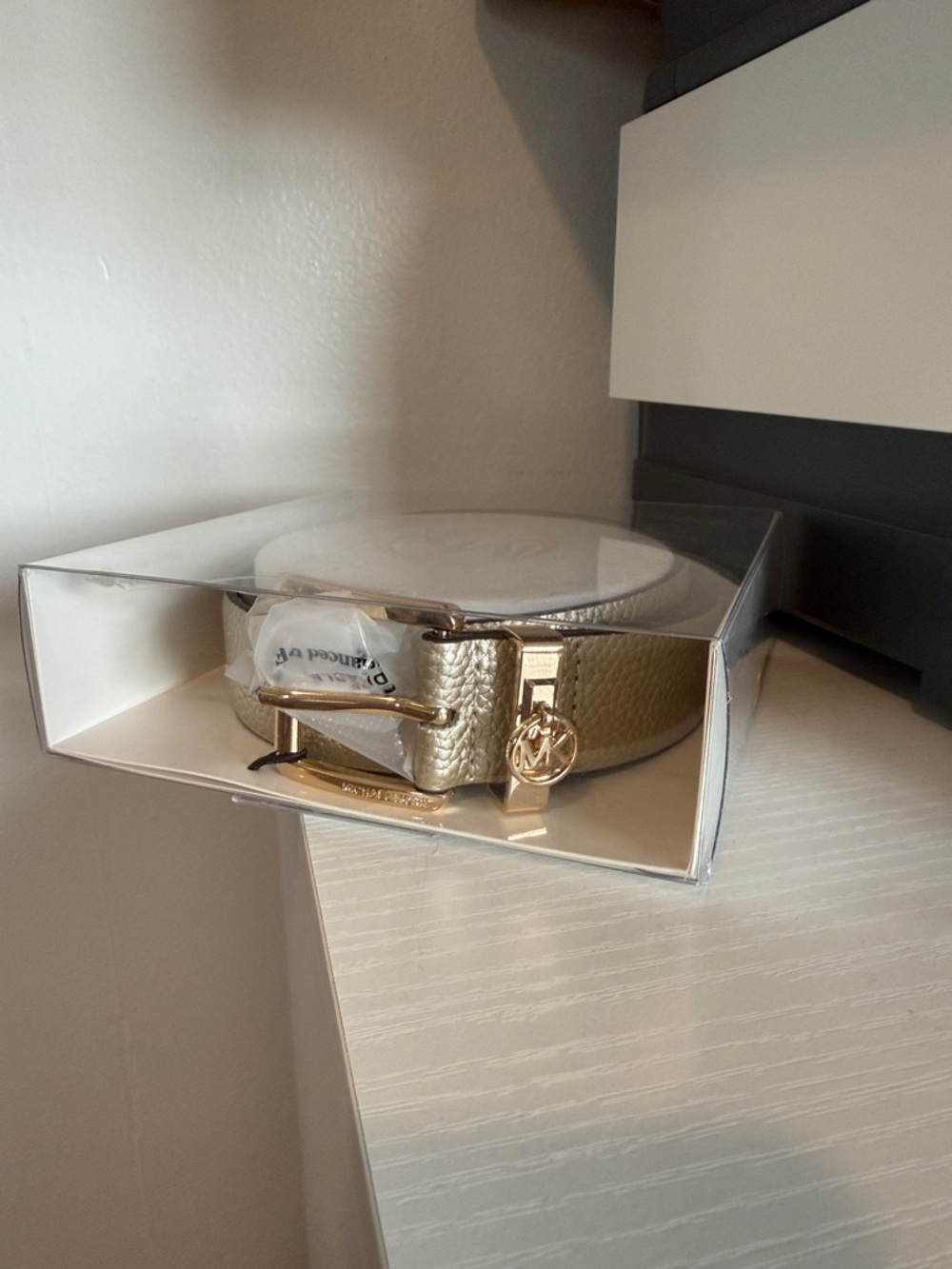 Michael Kors Gold Textured Leather Belt with MK Charm